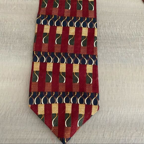 Vintage Ferrell Reed for Norman Stockton Silk Tie Burgundy, Olive + Gold - Picture 1 of 2